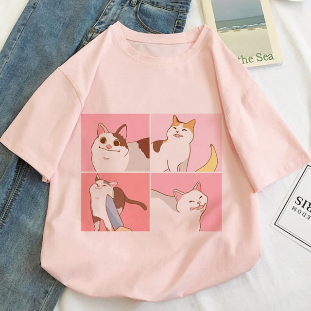 Kawaii Cartoon Cats Meme Women's Tee Tops - Kawaiies - Adorable - Cute - Plushies - Plush - Kawaii