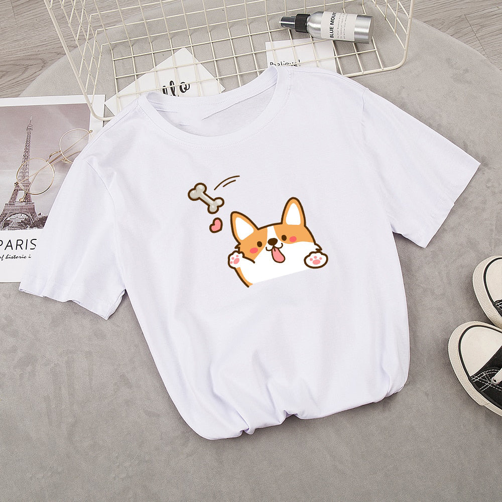 Kawaii Corgi Dog Bone Print Women's Tee - Kawaiies - Adorable - Cute - Plushies - Plush - Kawaii