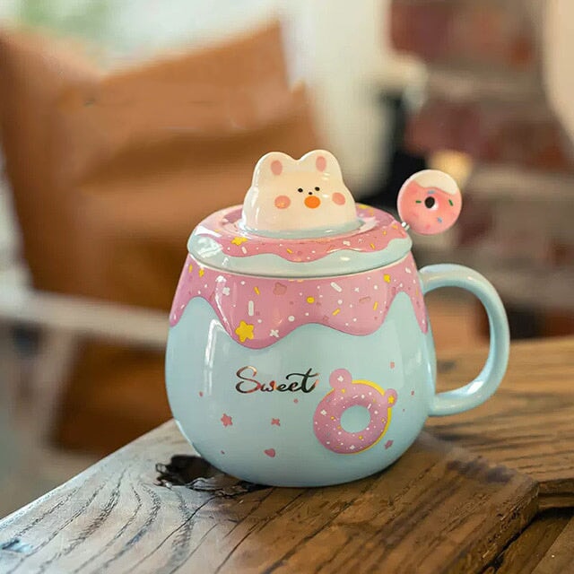 Kawaii Donut Bunny Ceramic Mug With Lid + Spoon - Kawaiies - Adorable - Cute - Plushies - Plush - Kawaii