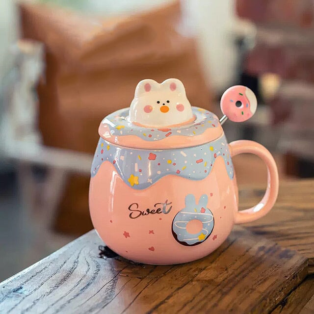 Kawaii Donut Bunny Ceramic Mug With Lid + Spoon - Kawaiies - Adorable - Cute - Plushies - Plush - Kawaii