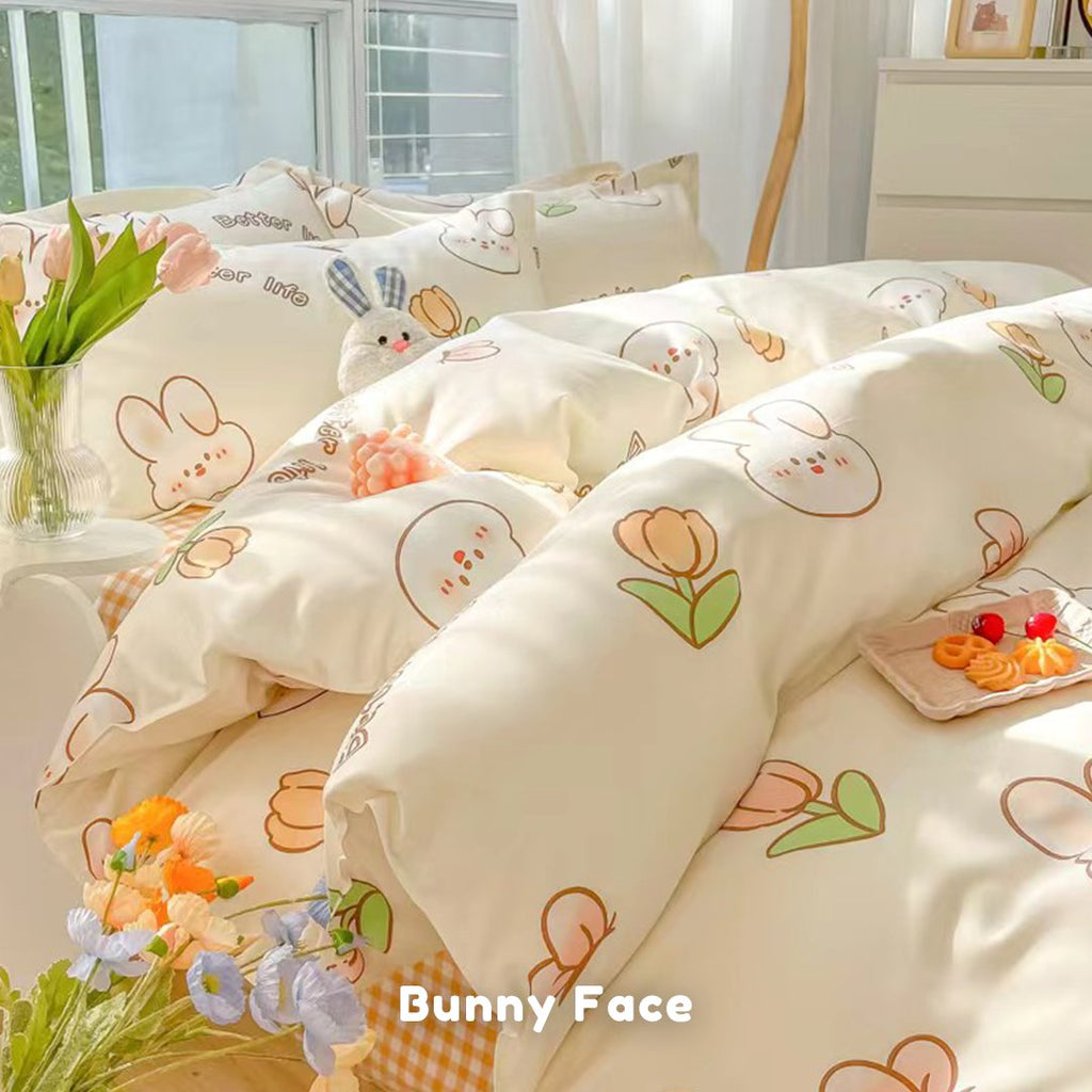 kawaiies-softtoys-plushies-kawaii-plush-Kawaii Dreamy Floral Bunny 120gsm Polyester Bedding Set Collection Bedding Sets Single Bunny Faces 