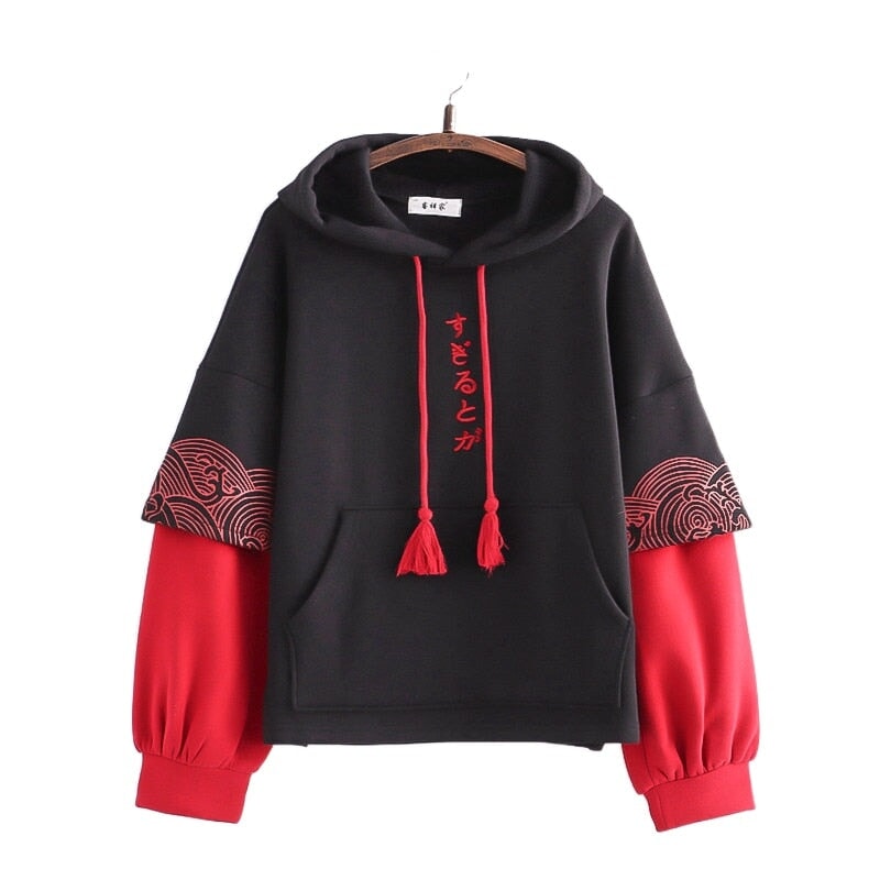 kawaiies-softtoys-plushies-kawaii-plush-Kawaii Japanese Kanji Embroidery Wave Hoodie Apparel Black 