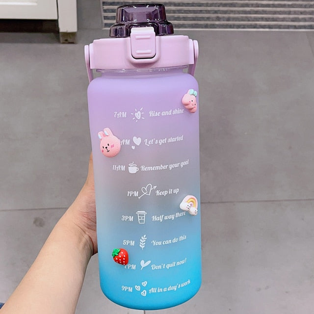 Kawaii Jumbo Plastic 2000ml Water Bottle With Time Marker & Straw - Kawaiies - Adorable - Cute - Plushies - Plush - Kawaii