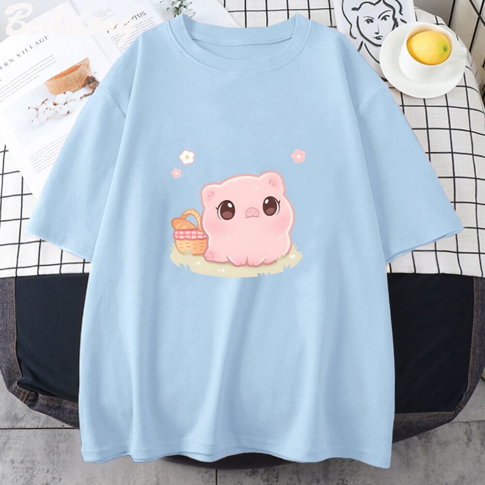 kawaiies-softtoys-plushies-kawaii-plush-Kawaii Piggy Unisex Tee Apparel Blue XS 