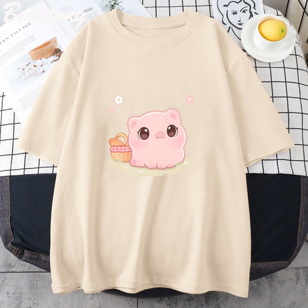 kawaiies-softtoys-plushies-kawaii-plush-Kawaii Piggy Unisex Tee Apparel Cream XS 