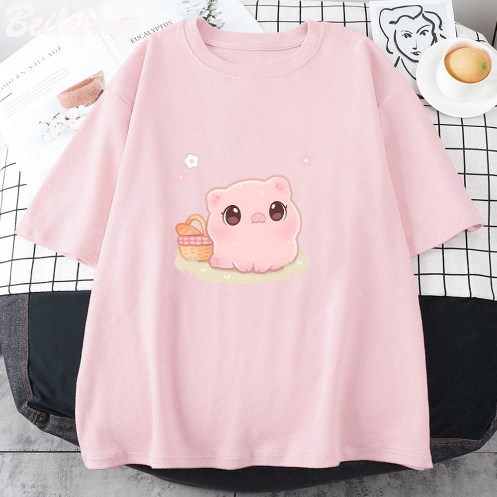 kawaiies-softtoys-plushies-kawaii-plush-Kawaii Piggy Unisex Tee Apparel Pink XS 