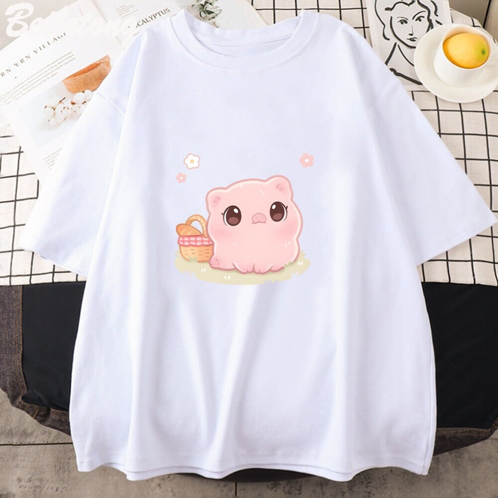 kawaiies-softtoys-plushies-kawaii-plush-Kawaii Piggy Unisex Tee Apparel White XS 