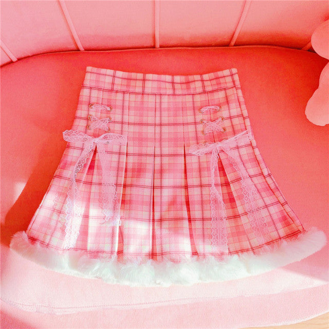 Kawaii Pleated Mini Pink Women Skirt with Lace, Fur, & Shorts - Kawaiies - Adorable - Cute - Plushies - Plush - Kawaii