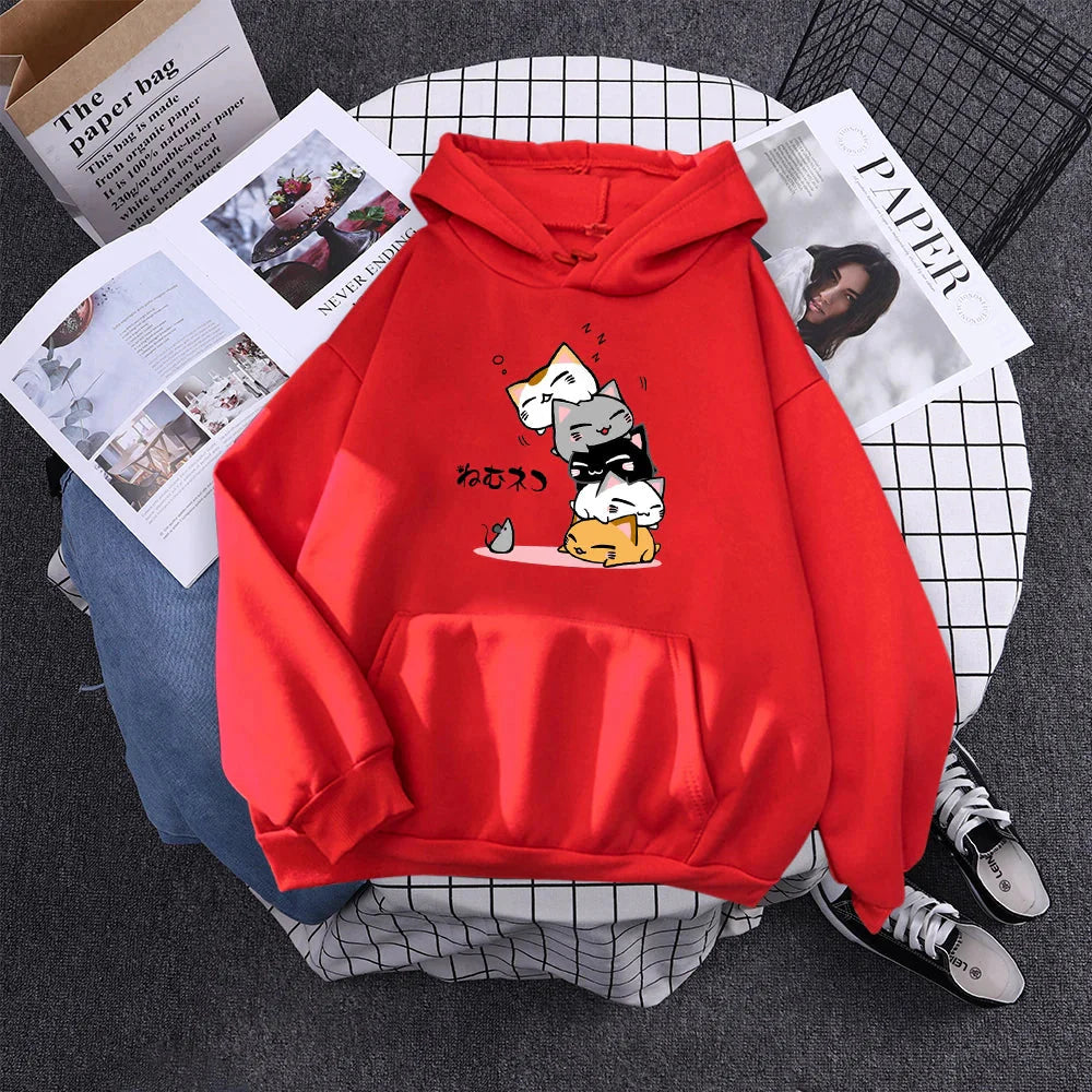 kawaiies-softtoys-plushies-kawaii-plush-Kawaii Stacked Cats Unisex Hoodie Hoodies Red S 