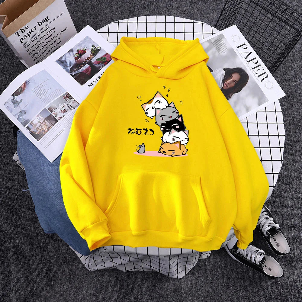 kawaiies-softtoys-plushies-kawaii-plush-Kawaii Stacked Cats Unisex Hoodie Hoodies Yellow S 