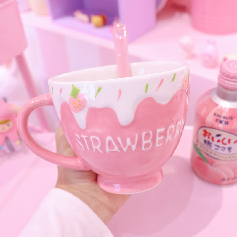 Kawaii Strawberry Milk Mug with Spoon - Kawaiies - Adorable - Cute - Plushies - Plush - Kawaii