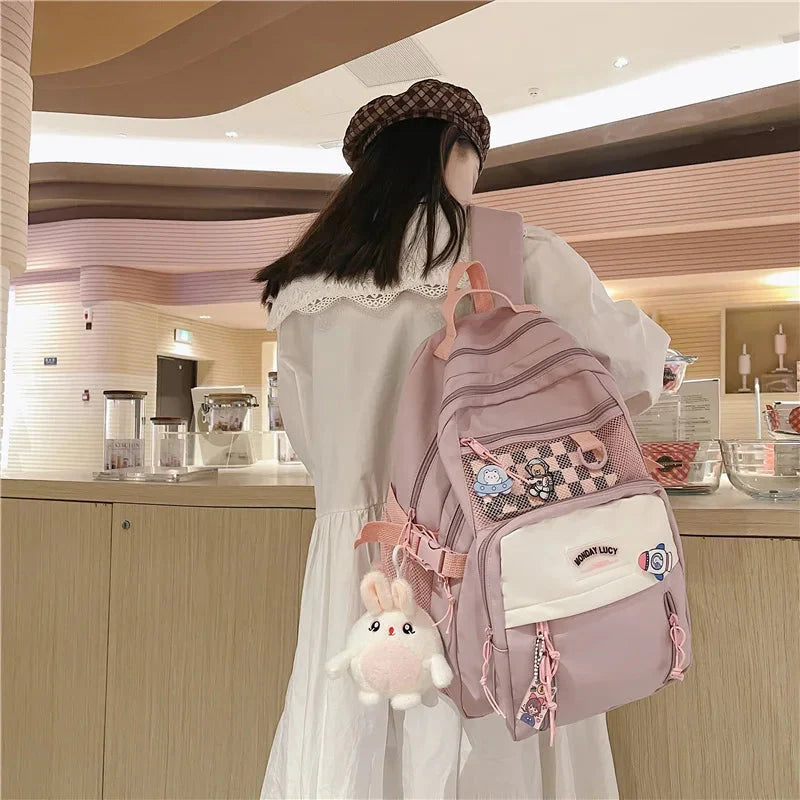 kawaiies-softtoys-plushies-kawaii-plush-Large Kawaii Two-tone Backpack Bag with rabbit pendant pink 