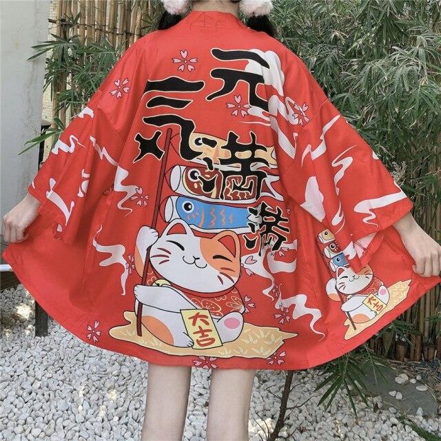 Japanese Lucky Cat Lightweight Kimono Top - Kawaiies - Adorable - Cute - Plushies - Plush - Kawaii