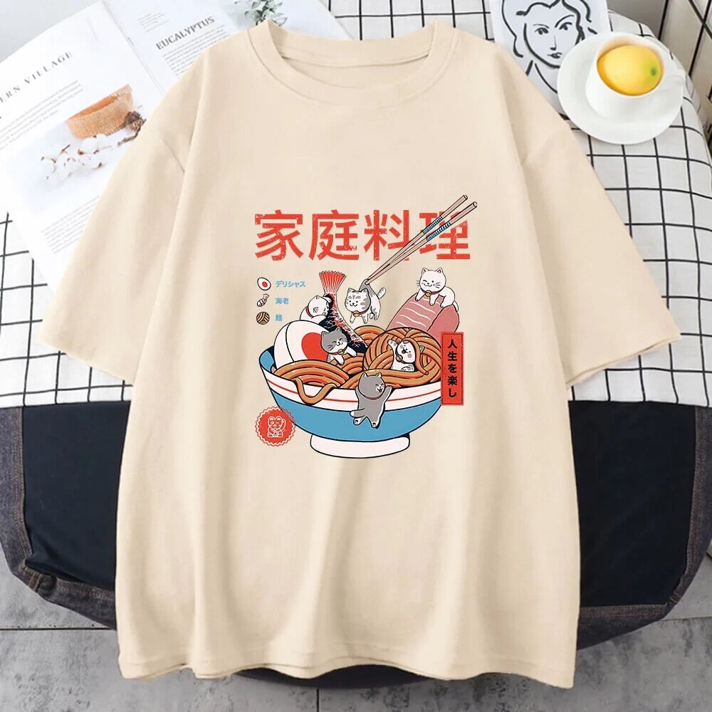 kawaiies-softtoys-plushies-kawaii-plush-Mini Cats Ramen Women's Cotton Tee Apparel Cream XS 