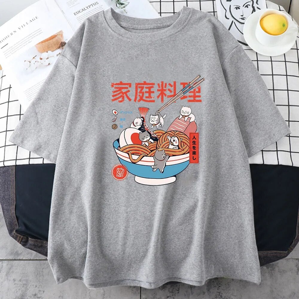 kawaiies-softtoys-plushies-kawaii-plush-Mini Cats Ramen Women's Cotton Tee Apparel Gray XS 