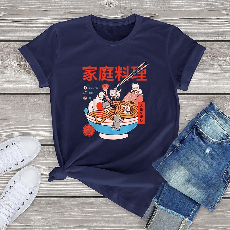 kawaiies-softtoys-plushies-kawaii-plush-Mini Cats Ramen Women's Cotton Tee Apparel Navy XS 