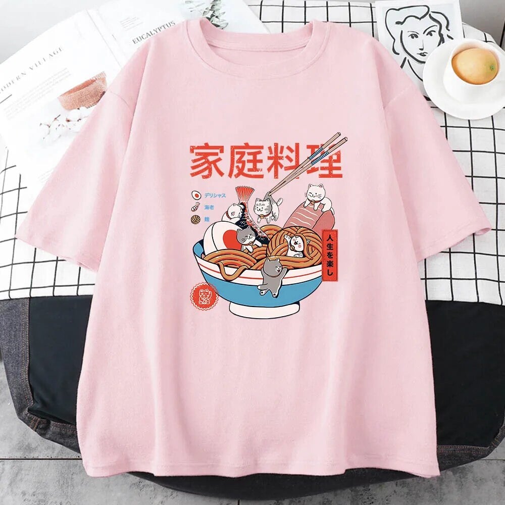 kawaiies-softtoys-plushies-kawaii-plush-Mini Cats Ramen Women's Cotton Tee Apparel Pink XS 