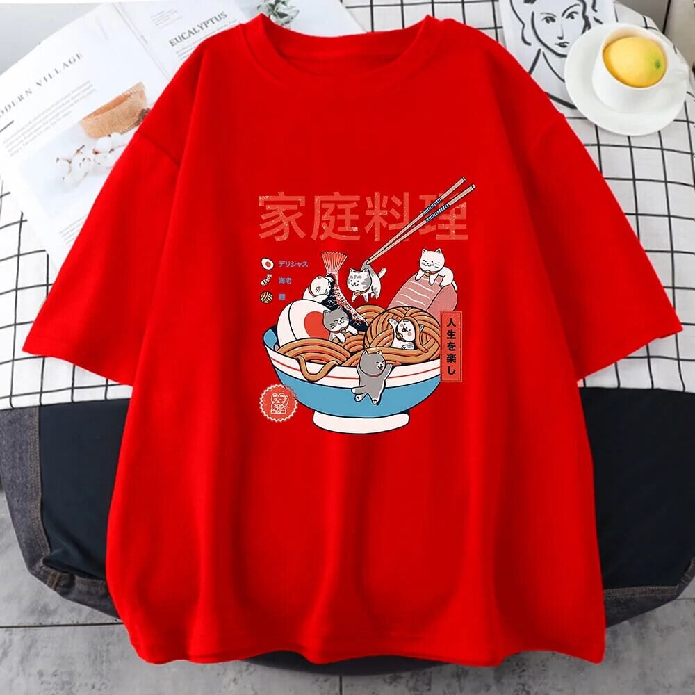 kawaiies-softtoys-plushies-kawaii-plush-Mini Cats Ramen Women's Cotton Tee Apparel Red XS 