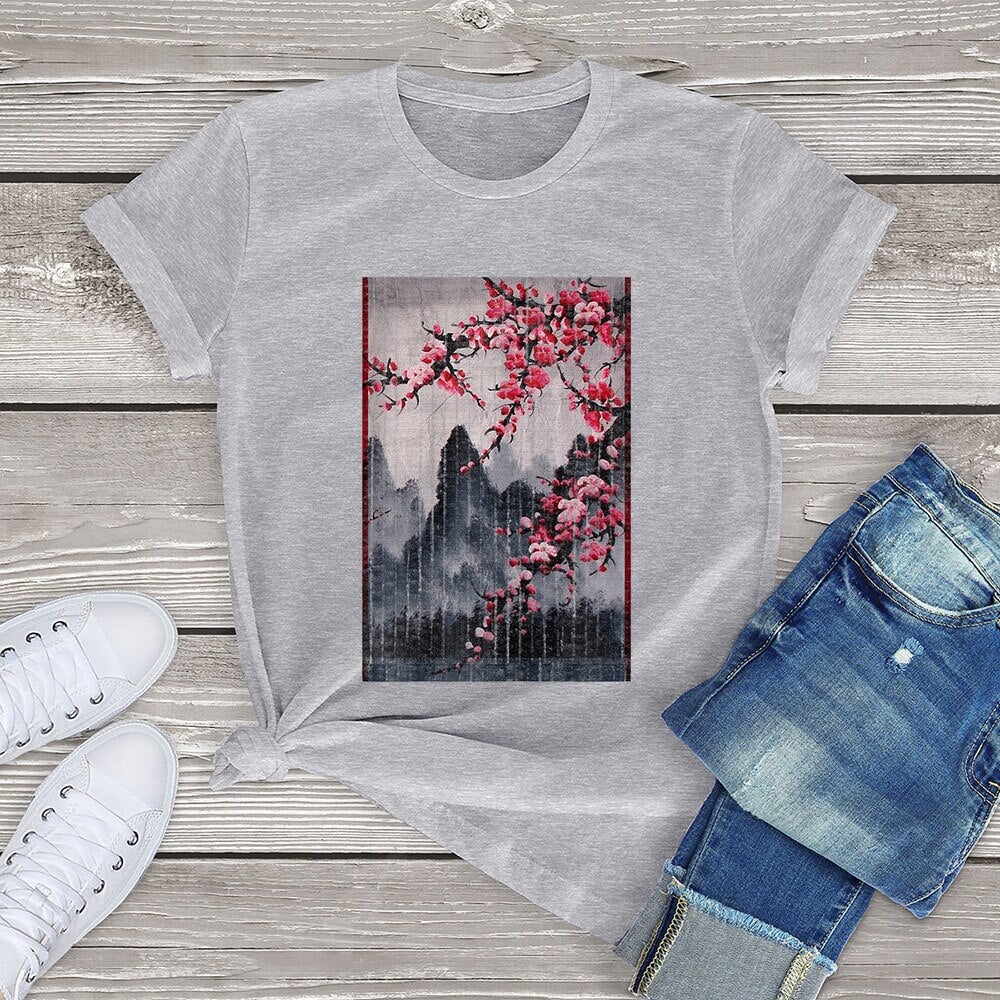 kawaiies-softtoys-plushies-kawaii-plush-Misty mountains with Blushing Cherry Blossom Tee Tops Light Grey XS 