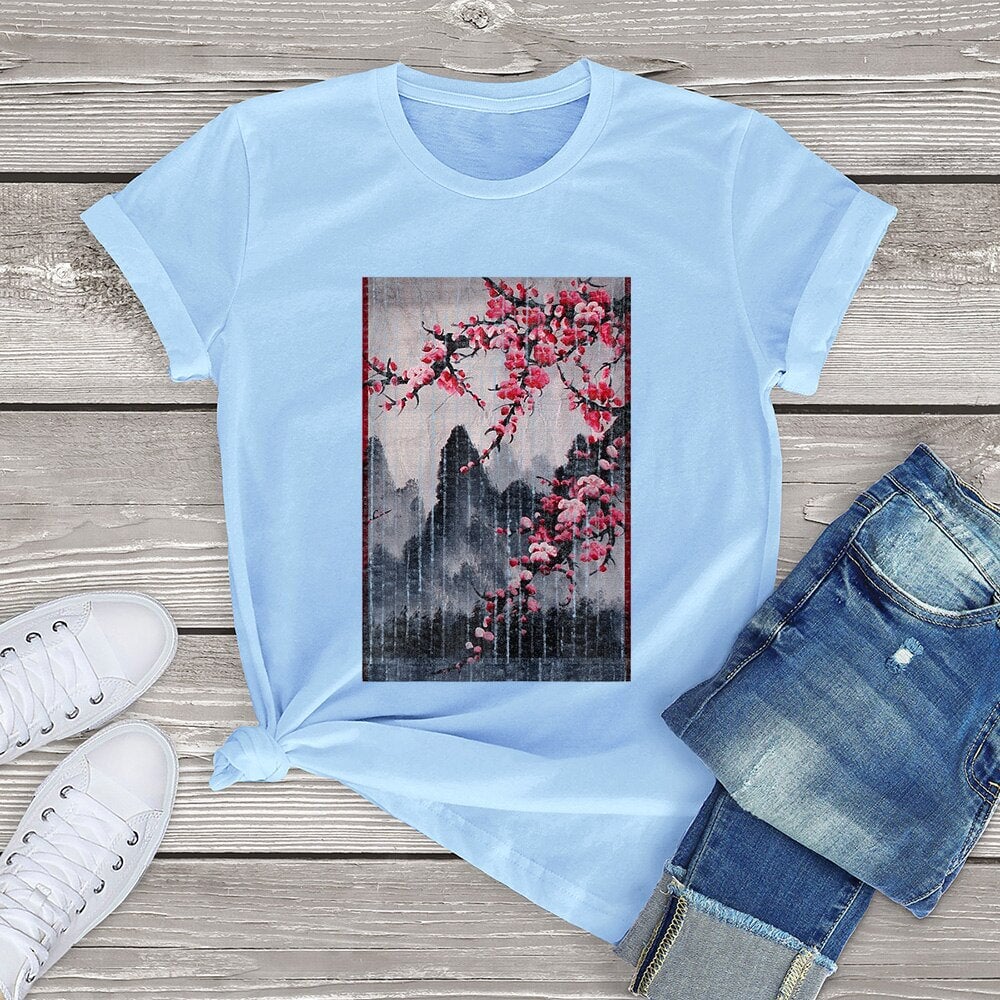 kawaiies-softtoys-plushies-kawaii-plush-Misty mountains with Blushing Cherry Blossom Tee Tops Sky Blue XS 