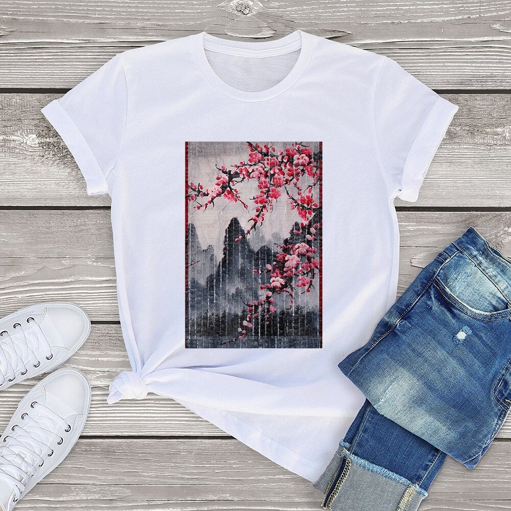 kawaiies-softtoys-plushies-kawaii-plush-Misty mountains with Blushing Cherry Blossom Tee Tops White XS 