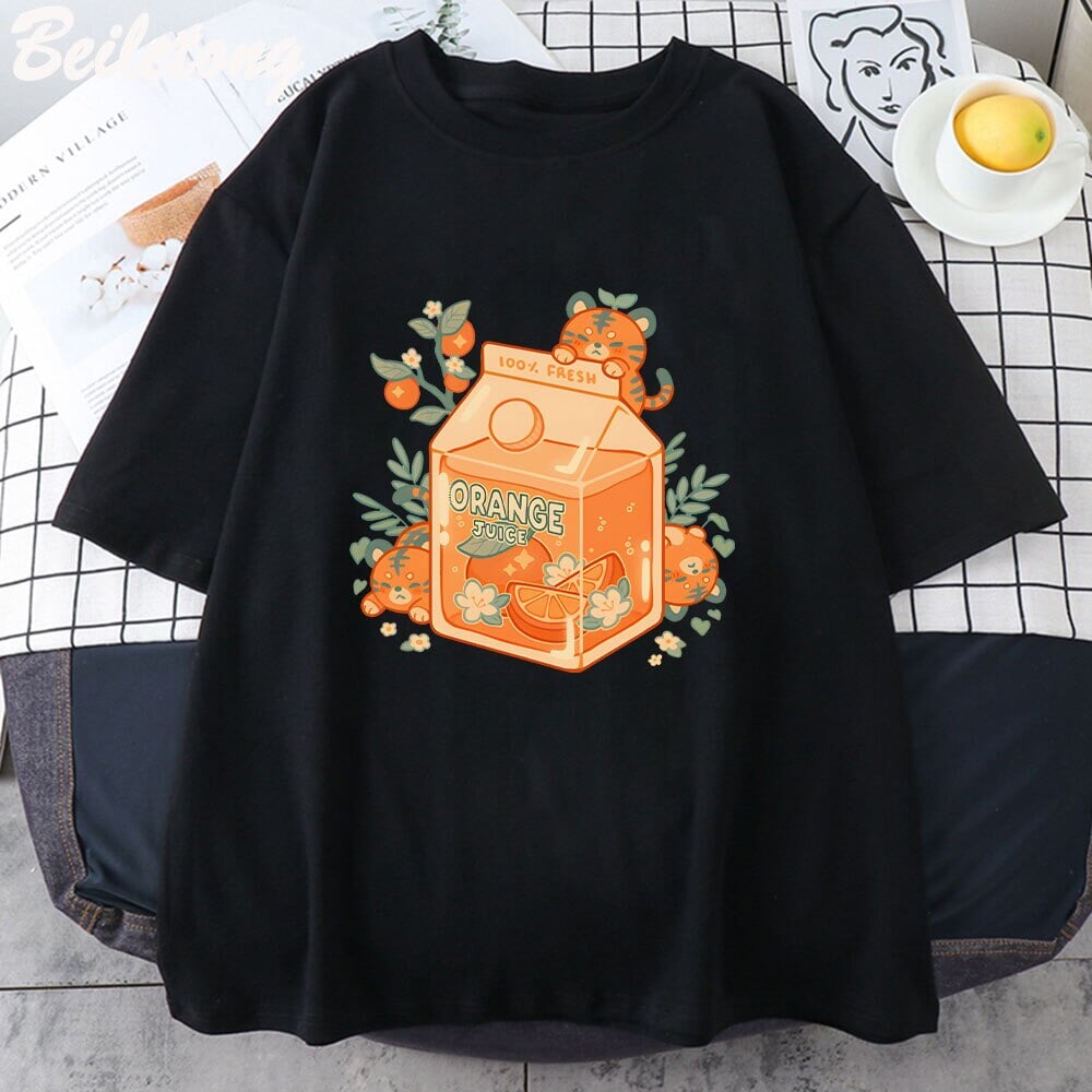 kawaiies-softtoys-plushies-kawaii-plush-Orange Juice Kawaii Unisex Tee Apparel Black XS 