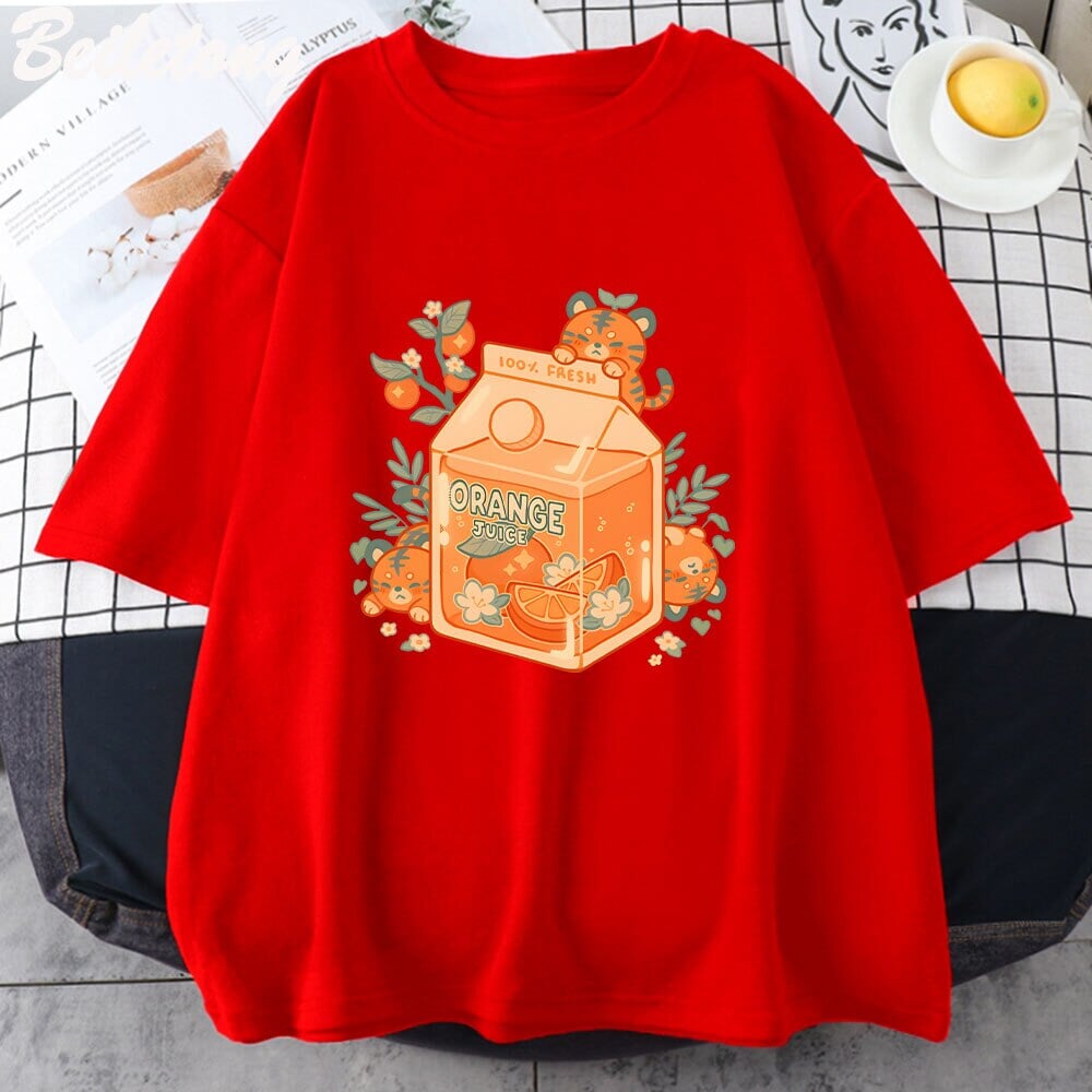 kawaiies-softtoys-plushies-kawaii-plush-Orange Juice Kawaii Unisex Tee Apparel Red XS 