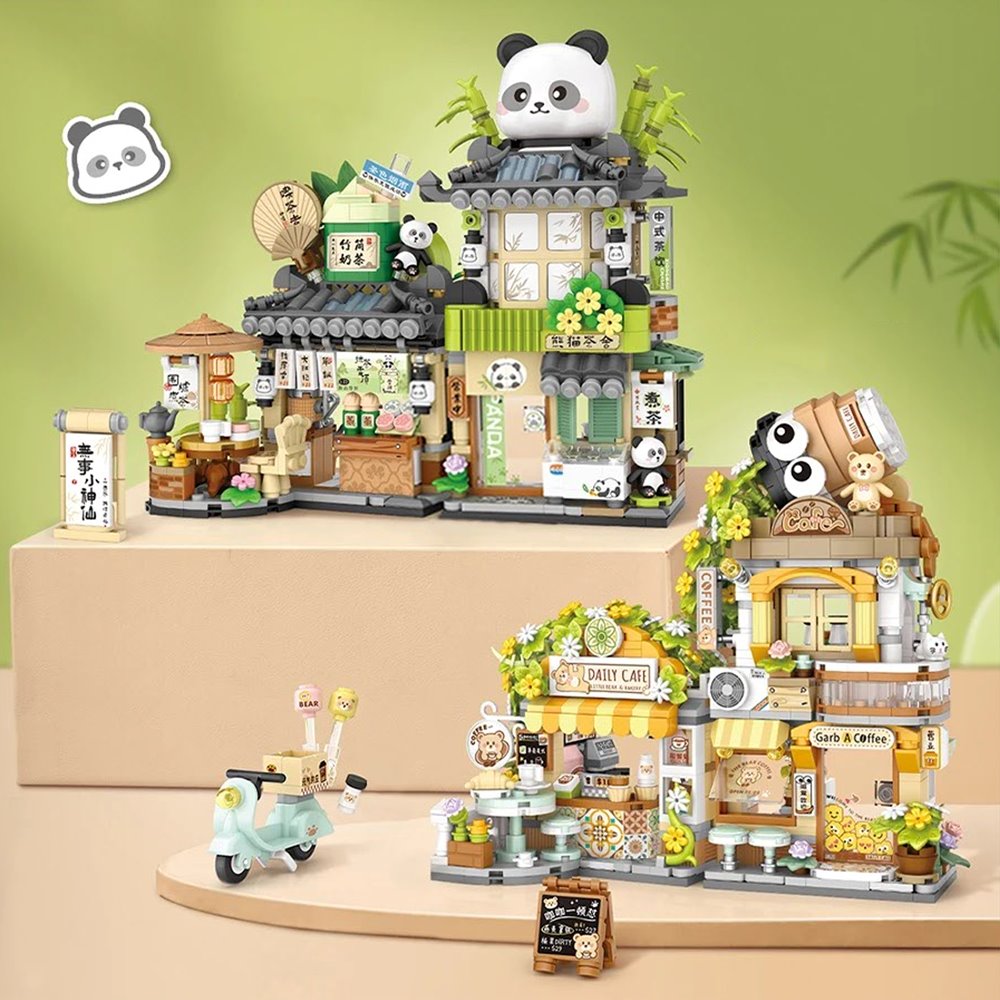 kawaiies-softtoys-plushies-kawaii-plush-Panda and Brown Bear Tea Cafes Micro Building Set Collection Build it Set of 2 (No Box) 