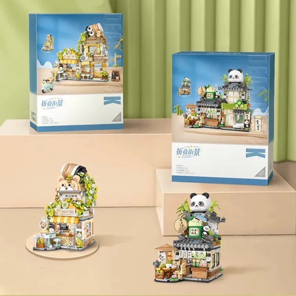 kawaiies-softtoys-plushies-kawaii-plush-Panda and Brown Bear Tea Cafes Micro Building Set Collection Build it Set of 2 (With Box) 