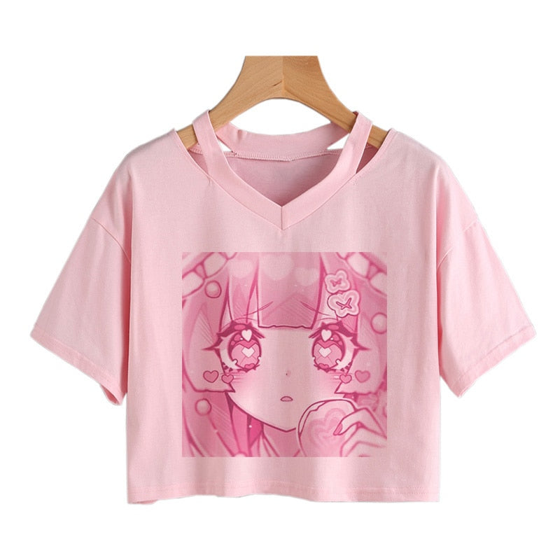 Pink Anime Girl Graphic V-neck Crop Top - Kawaiies - Adorable - Cute - Plushies - Plush - Kawaii