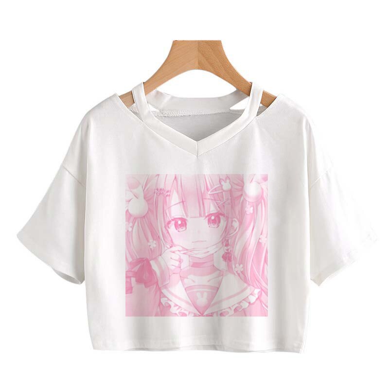 Pink Anime Girl Print V-neck Crop Top Tee - Kawaiies - Adorable - Cute - Plushies - Plush - Kawaii