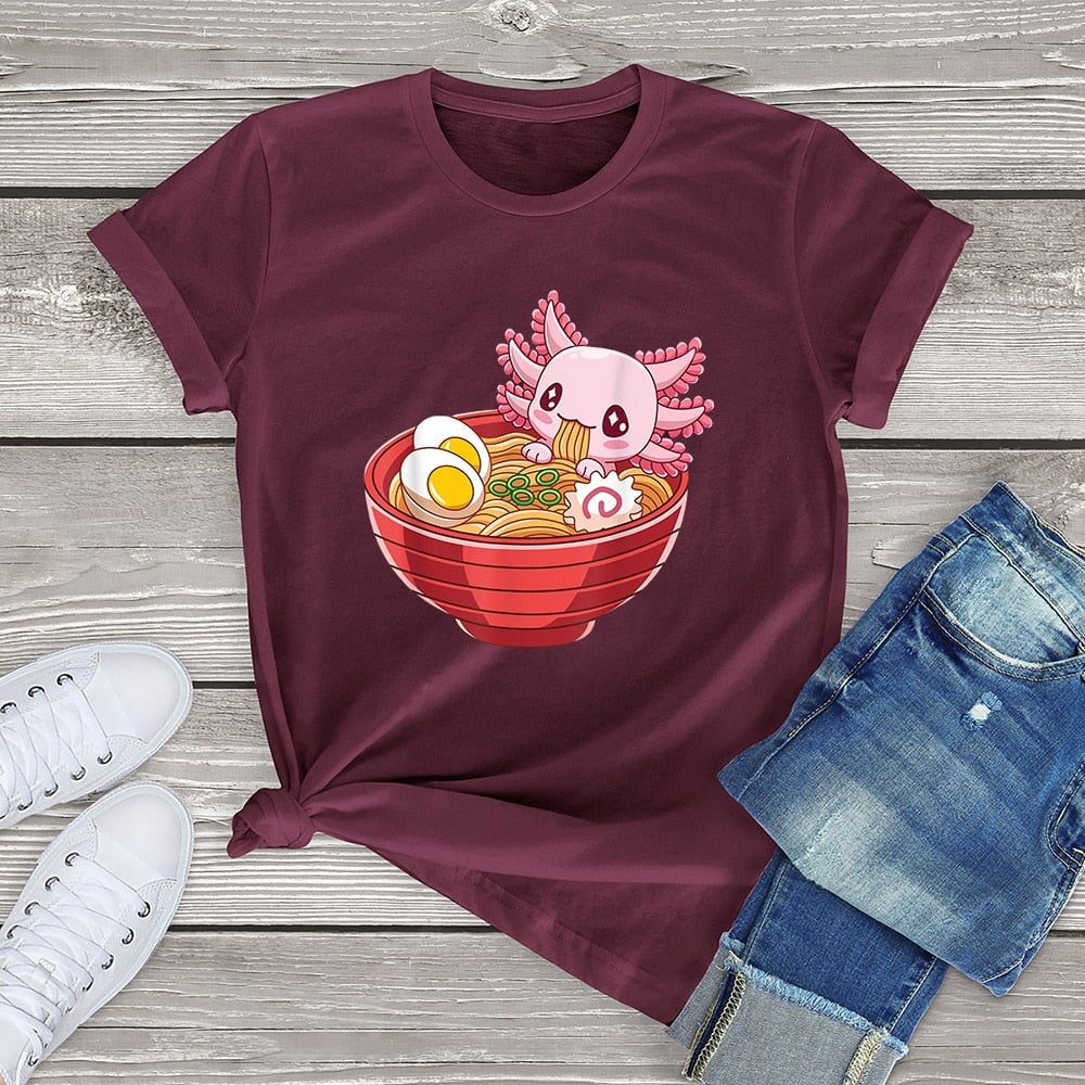 kawaiies-softtoys-plushies-kawaii-plush-Pink Axolotl Bathing in Ramen Tee | NEW Apparel Burgundy XS 