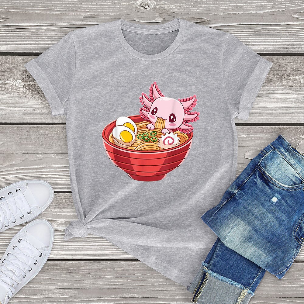 kawaiies-softtoys-plushies-kawaii-plush-Pink Axolotl Bathing in Ramen Tee | NEW Apparel Gray XS 