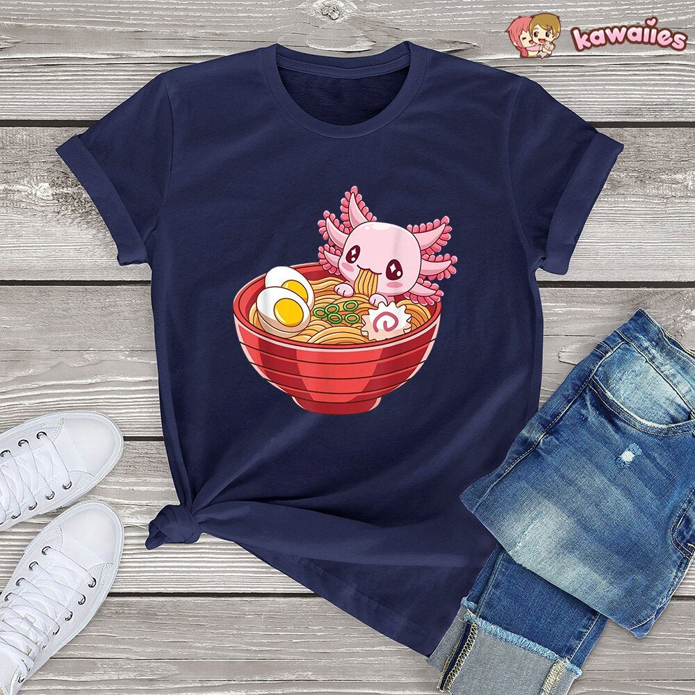 kawaiies-softtoys-plushies-kawaii-plush-Pink Axolotl Bathing in Ramen Tee | NEW Apparel Navy Blue XS 