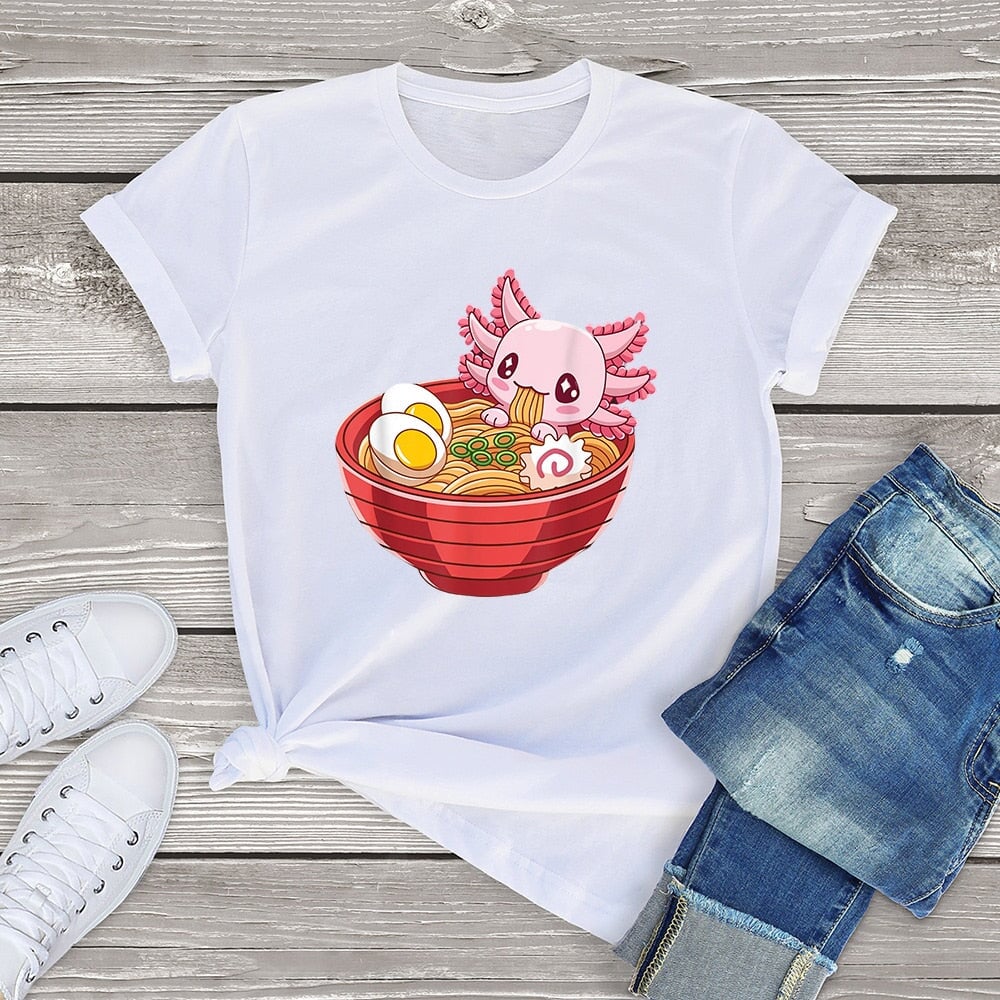 kawaiies-softtoys-plushies-kawaii-plush-Pink Axolotl Bathing in Ramen Tee | NEW Apparel White XS 