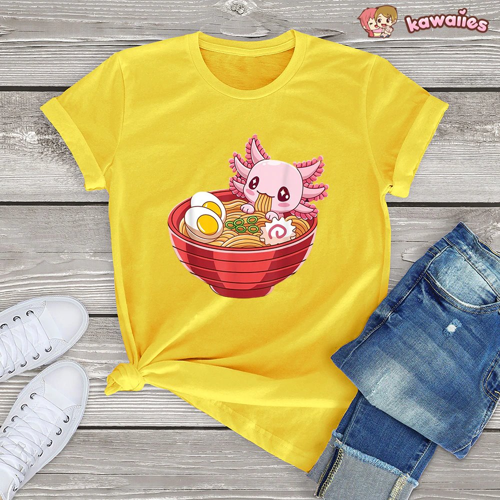 kawaiies-softtoys-plushies-kawaii-plush-Pink Axolotl Bathing in Ramen Tee | NEW Apparel Yellow XS 