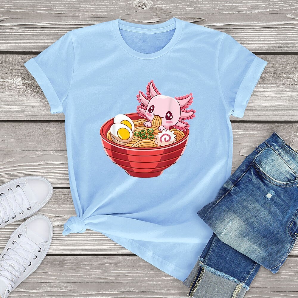 kawaiies-softtoys-plushies-kawaii-plush-Pink Axolotl eating Ramen Women's Cotton Tee Apparel Blue XS 