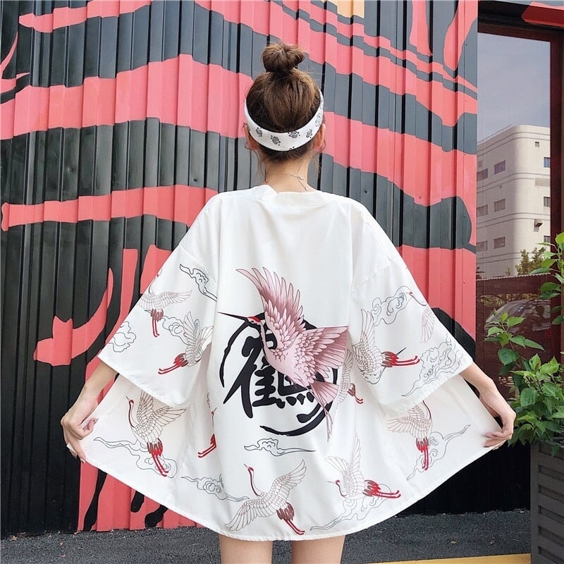 Pink Crane White Black Women's Kimono | NEW - Kawaiies - Adorable - Cute - Plushies - Plush - Kawaii