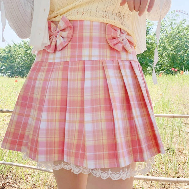 Pink Plaid Pleated Short Korean Fashion Skirt with Lace & Bow - Kawaiies - Adorable - Cute - Plushies - Plush - Kawaii