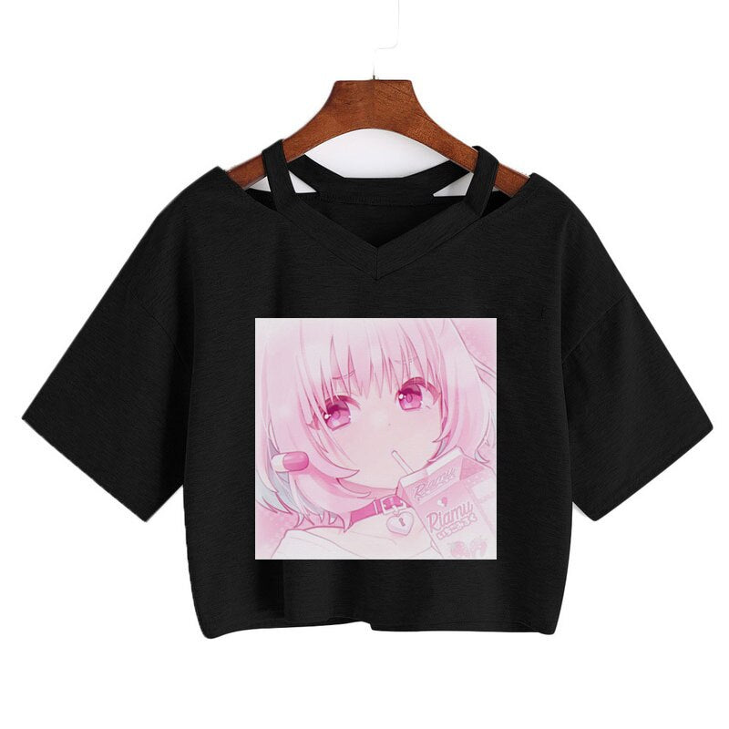 Pink Riamu Cute Anime Girl Print V-neck Crop Top Tee - Kawaiies - Adorable - Cute - Plushies - Plush - Kawaii