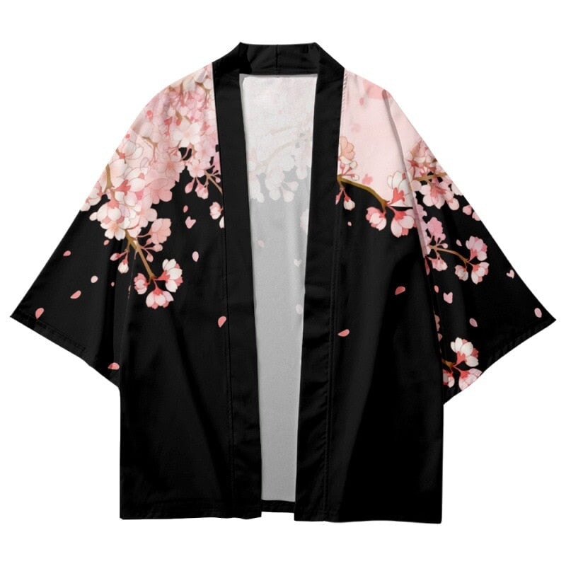 Pink Sakura Flowers Print Unisex Black Kimono - Kawaiies - Adorable - Cute - Plushies - Plush - Kawaii