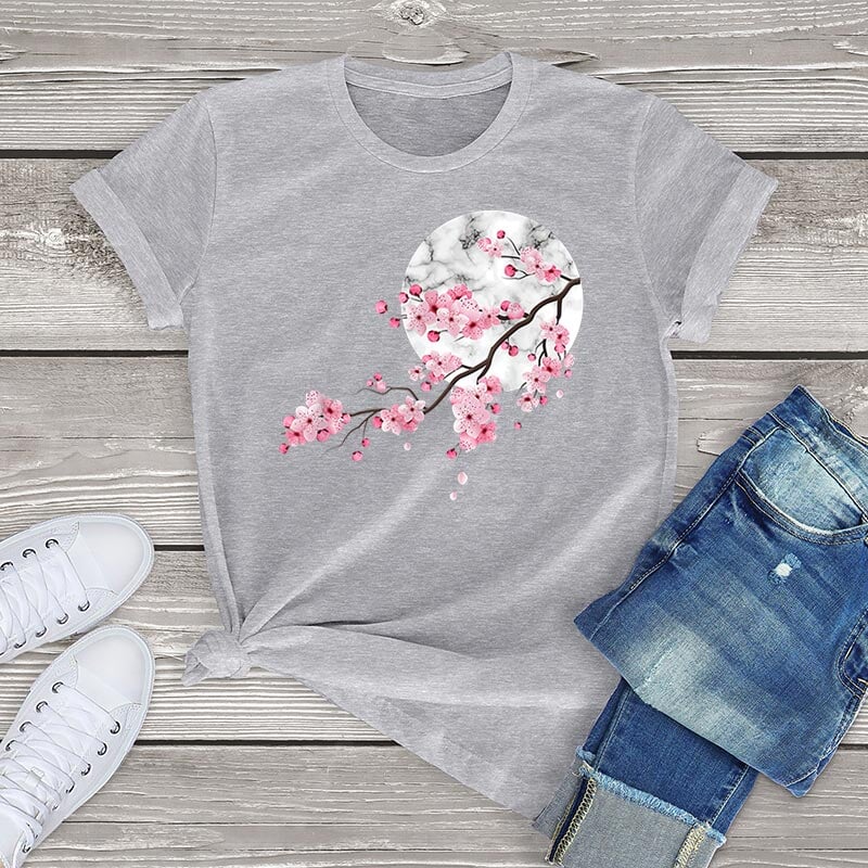 kawaiies-softtoys-plushies-kawaii-plush-Sakura Cherry Blossom Full Moon Cotton Tee Apparel Gray XS 