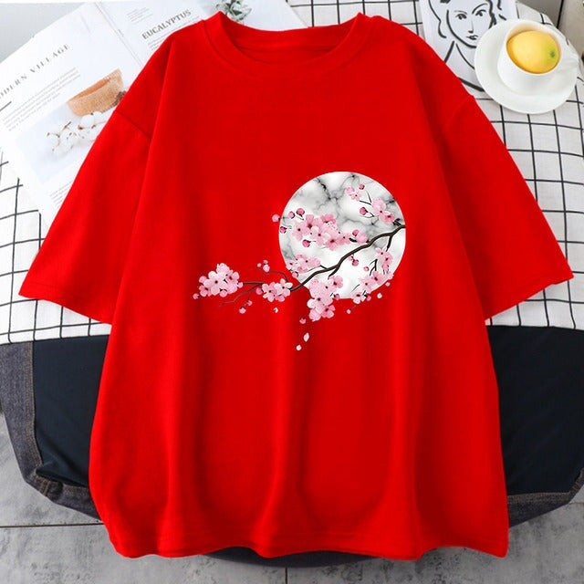 kawaiies-softtoys-plushies-kawaii-plush-Sakura Cherry Blossom Full Moon Cotton Tee Apparel Red XS 