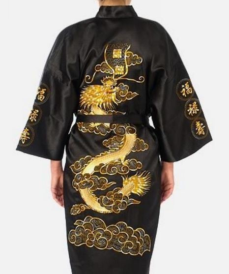 Satin Silk Golden Dragon Embroidery Long Kimono Gown - Kawaiies - Adorable - Cute - Plushies - Plush - Kawaii