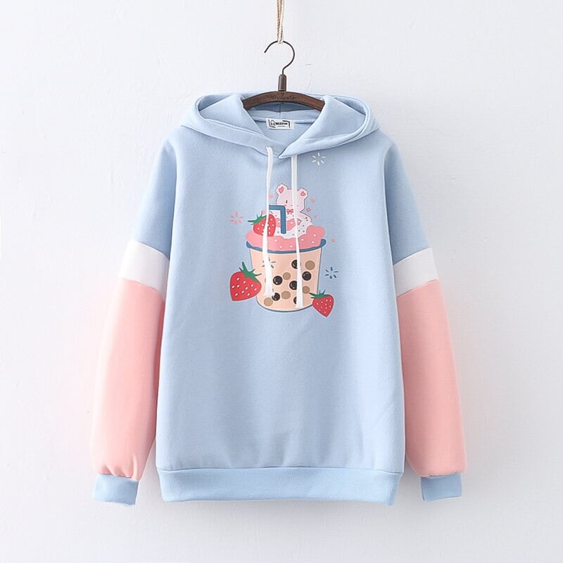 kawaiies-softtoys-plushies-kawaii-plush-Strawberry Shake Bubble Tea White Cream Fleece Hoodies Hoodies Blue 