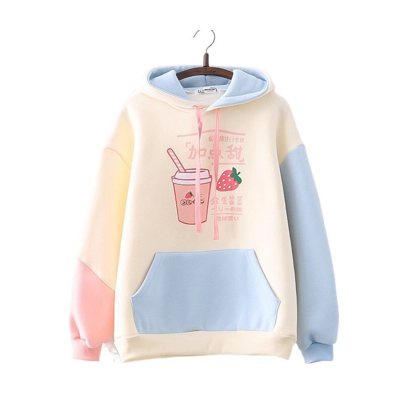 kawaiies-softtoys-plushies-kawaii-plush-Strawberry Shake Bubble Tea White Cream Fleece Hoodies Hoodies Cream with Pockets 