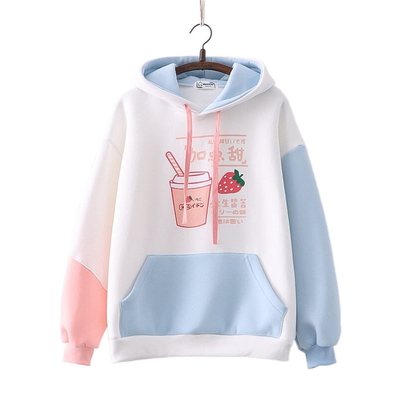 kawaiies-softtoys-plushies-kawaii-plush-Strawberry Shake Bubble Tea White Cream Fleece Hoodies Hoodies White with Pockets 