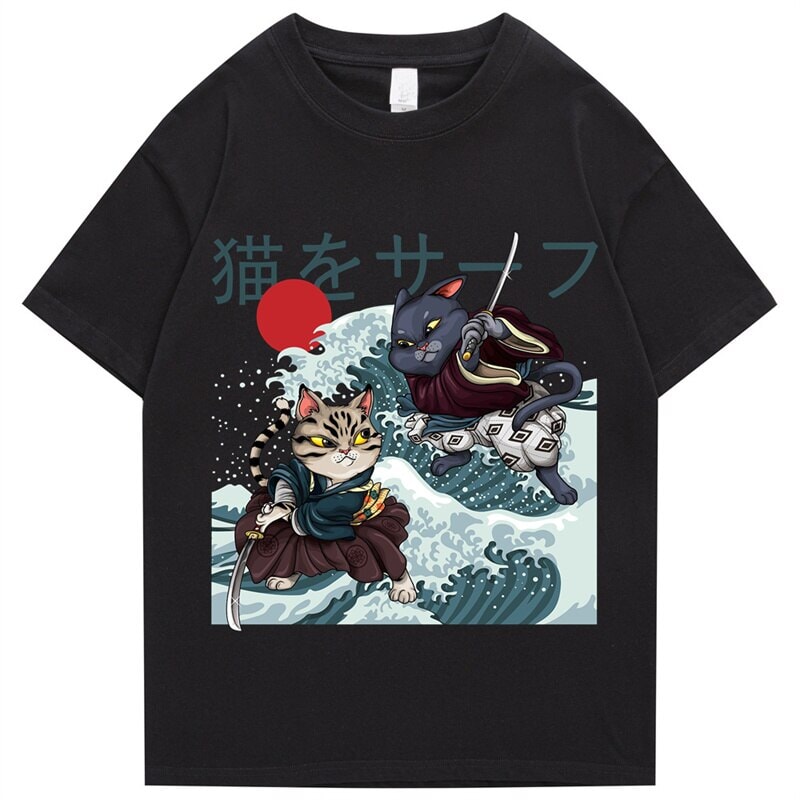 kawaiies-softtoys-plushies-kawaii-plush-Two Samurai Cats Battling on Waves Unisex Tee Apparel Black S 