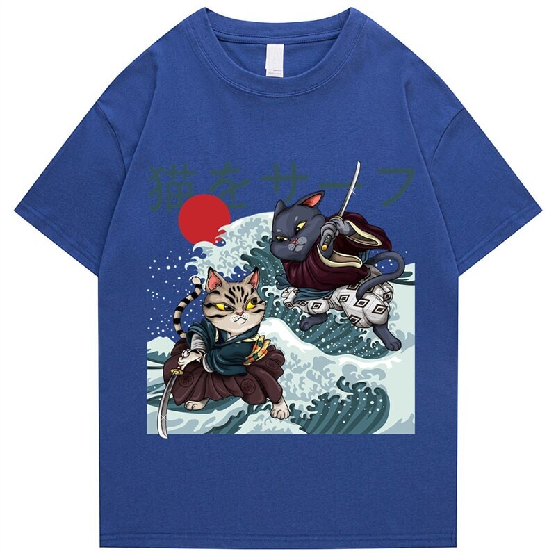 kawaiies-softtoys-plushies-kawaii-plush-Two Samurai Cats Battling on Waves Unisex Tee Apparel Blue S 