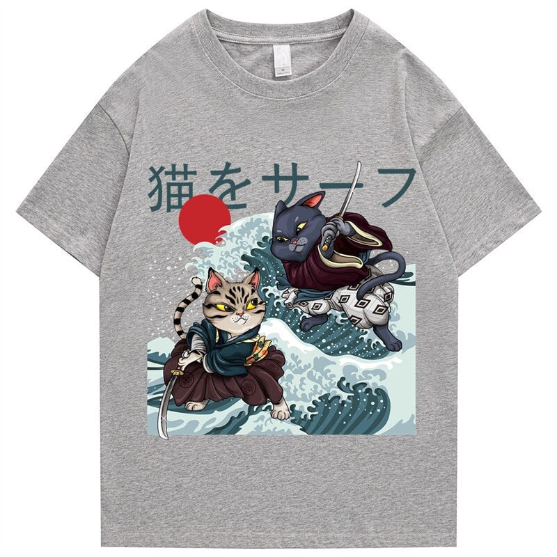 kawaiies-softtoys-plushies-kawaii-plush-Two Samurai Cats Battling on Waves Unisex Tee Apparel Gray S 